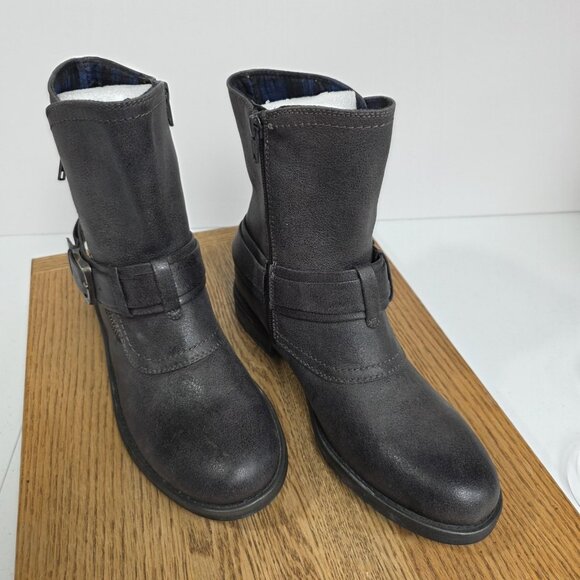 Baretraps Crosby Boots Womens Size 7.5 Gray Moto Ankle Zip Strap Buckle Plaid - Picture 1 of 9